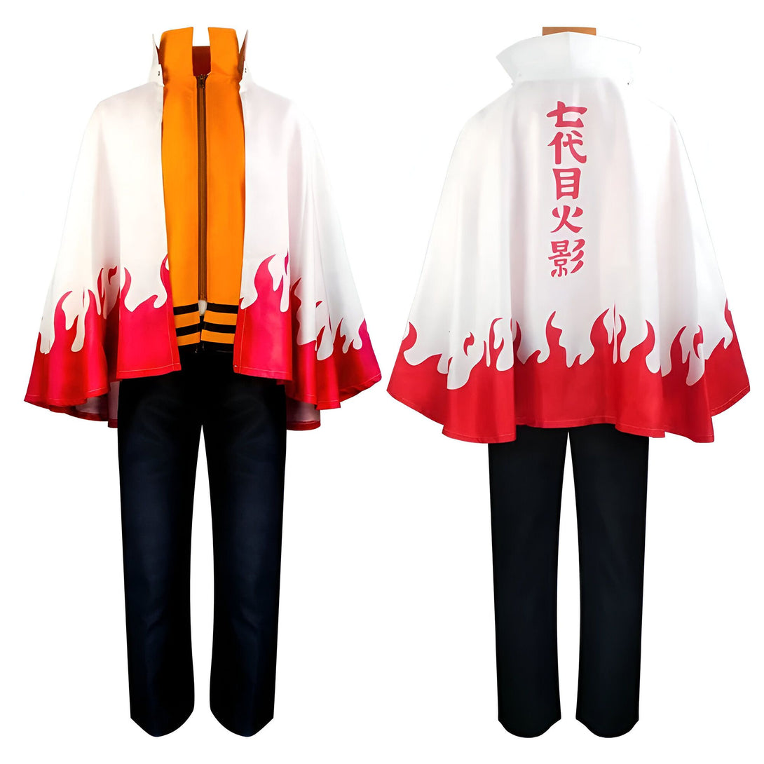 Costume Naruto avec un manteau blanc et rouge avec des flammes, un haut orange et un pantalon bleu foncé. Le manteau est orné du kanji "Hokage" en japonais.