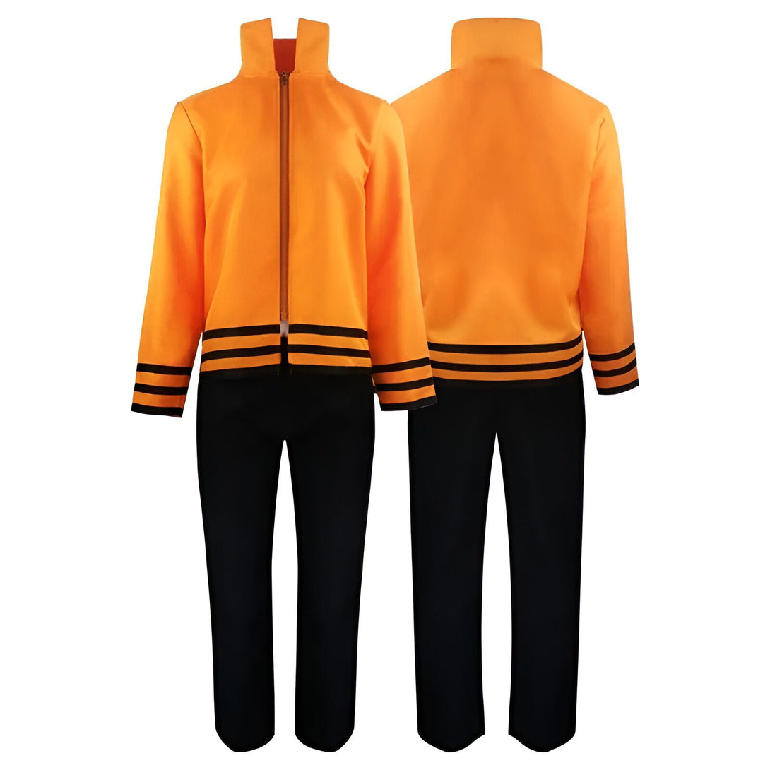 Costume Naruto Uzumaki orange et noir avec veste à fermeture éclair et pantalon.