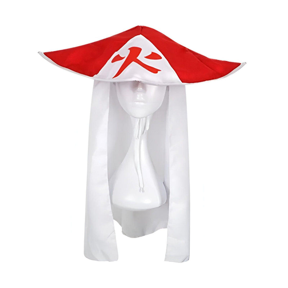 Chapeau rouge et blanc de l'Akatsuki avec un logo rouge. Le chapeau est porté sur un mannequin blanc.