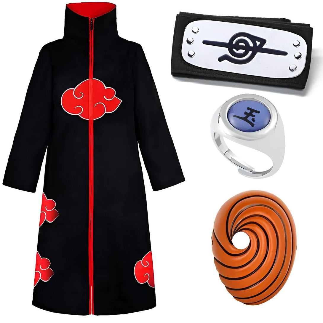 Ensemble de cosplay Naruto comprenant une cape noire avec des nuages rouges, un bandeau avec le symbole de l'Akatsuki, une bague avec le symbole de l'Akatsuki et un masque Rinnegan.