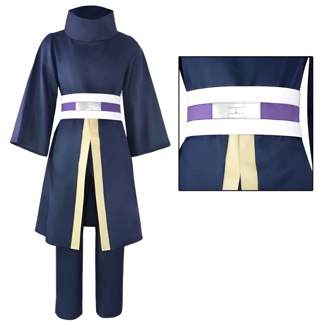 Costume Naruto bleu foncé avec ceinture blanche et violette, pantalon assorti, idéal pour les fans de l'anime.
