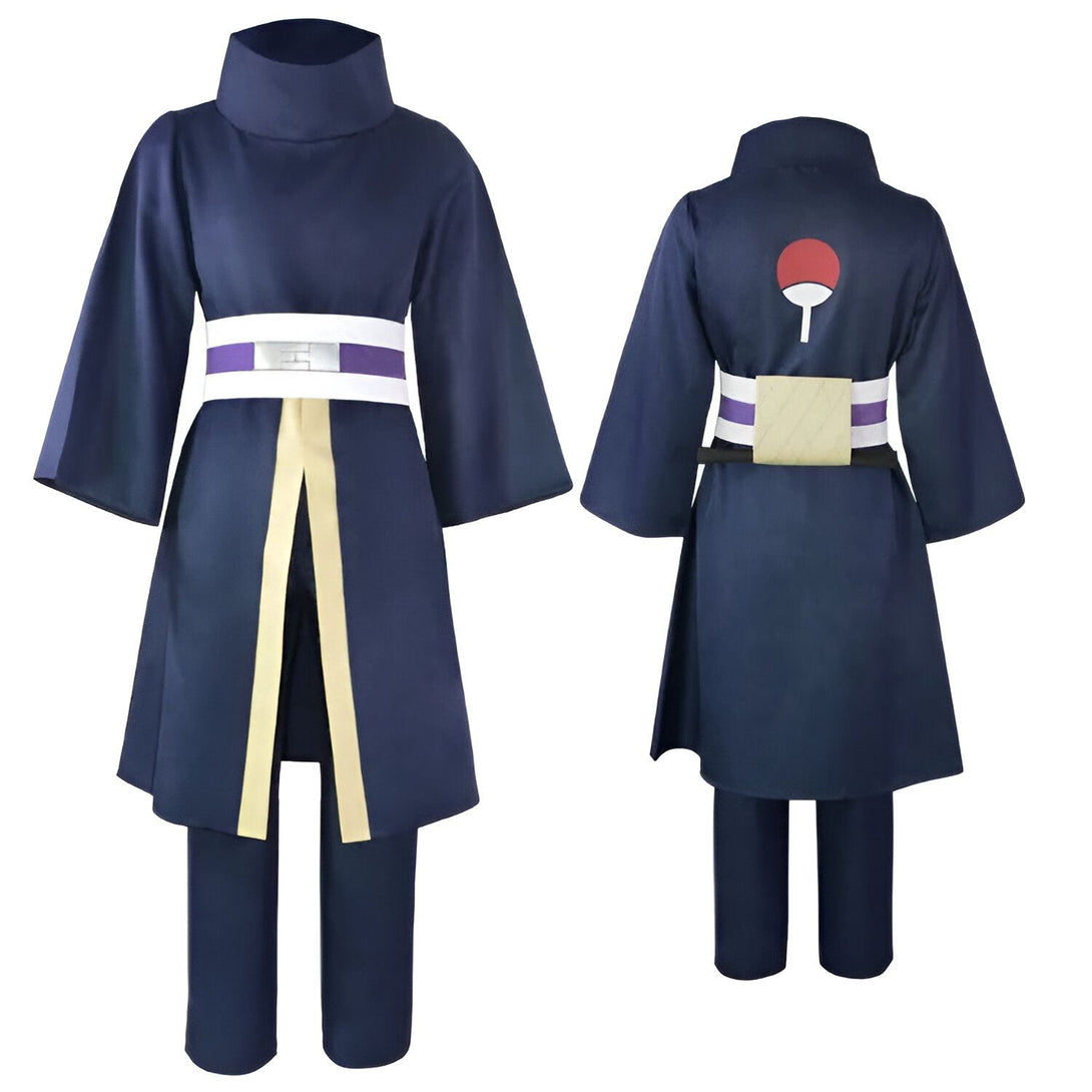 Costume de cosplay de Naruto pour enfant, comprenant une robe longue bleue foncée avec un symbole Sharingan rouge sur le dos, un pantalon bleu foncé et une ceinture violette.