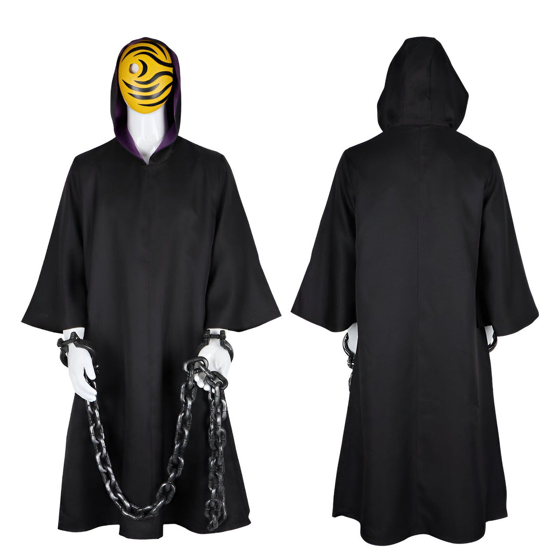 Une cape noire avec une capuche, inspirée du personnage de Pain de Naruto, avec un masque jaune et noir représentant le Rinnegan. La cape est présentée de face et de dos, avec des chaînes aux poignets.