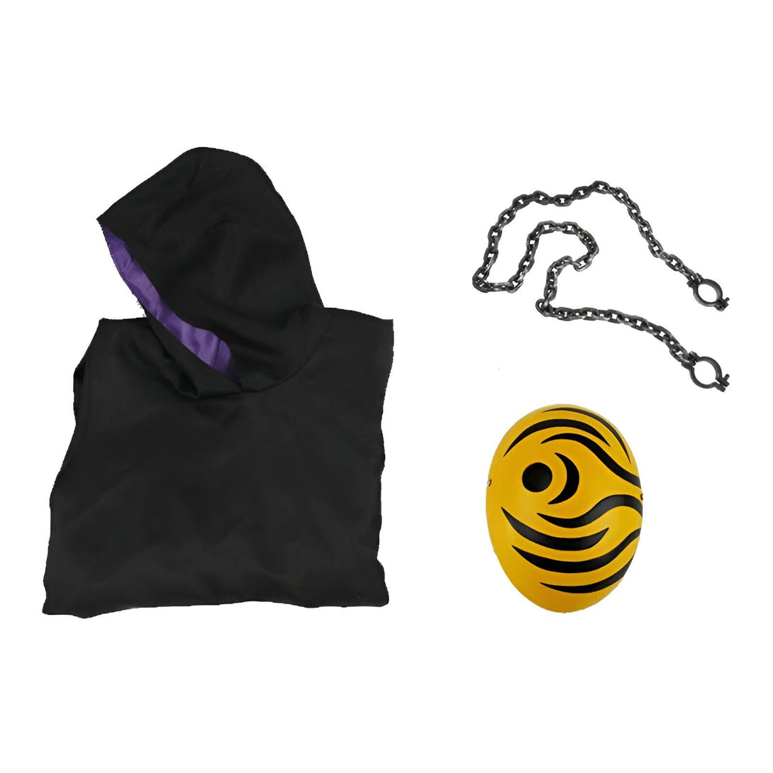 Costume Naruto Shippuden avec un manteau noir à capuche violet, un masque jaune avec le Sharingan et une chaîne.