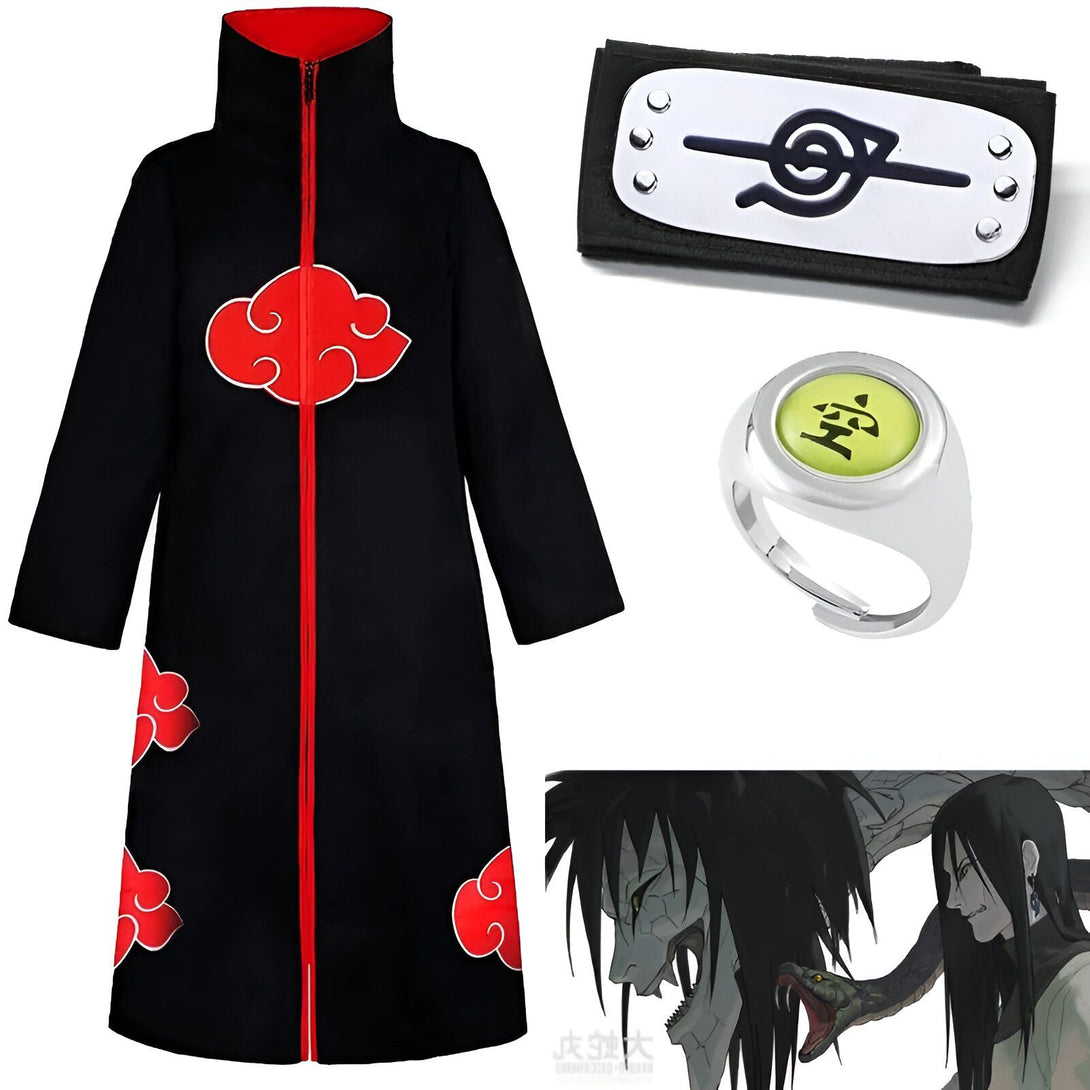 Costume de l'Akatsuki avec un manteau noir, un bandeau frontal et une bague avec le symbole de Pain, un personnage de l'anime Naruto.
