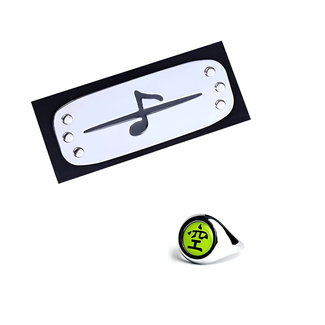 Bandeau de front Naruto avec le symbole du clan Uzumaki et une bague en argent avec le symbole "Shi" du clan.