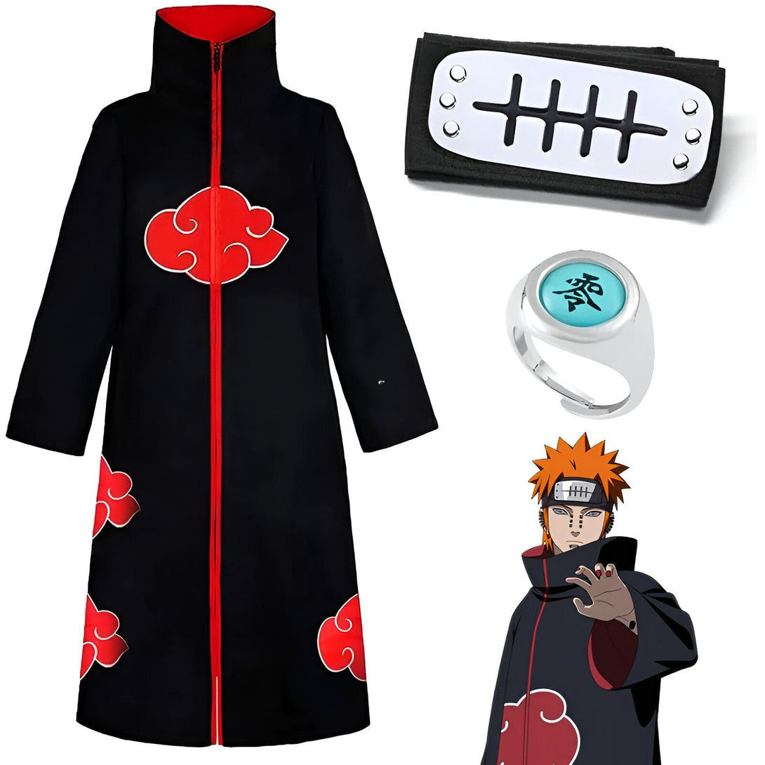 Costume de Pain de l'anime Naruto, comprenant une cape noire avec des nuages rouges, un bandeau frontal noir et un anneau en argent avec un kanji bleu.  Un personnage de l'anime Naruto, Pain, porte une cape et un bandeau similaires.