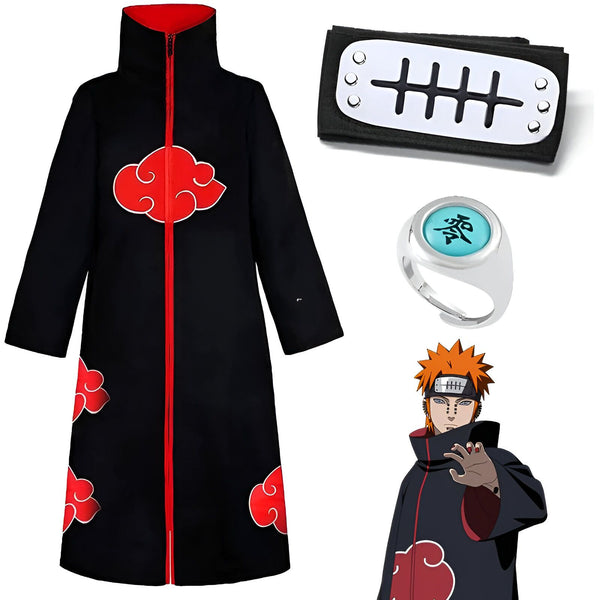 Costume de Pain de l'anime Naruto, comprenant une cape noire avec des nuages rouges, un bandeau frontal noir et un anneau en argent avec un kanji bleu.  Un personnage de l'anime Naruto, Pain, porte une cape et un bandeau similaires.