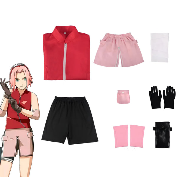 Costume de cosplay Sakura Haruno de Naruto avec veste rouge, short noir, short rose, gants noirs, brassards roses, pochettes et bandeaux.