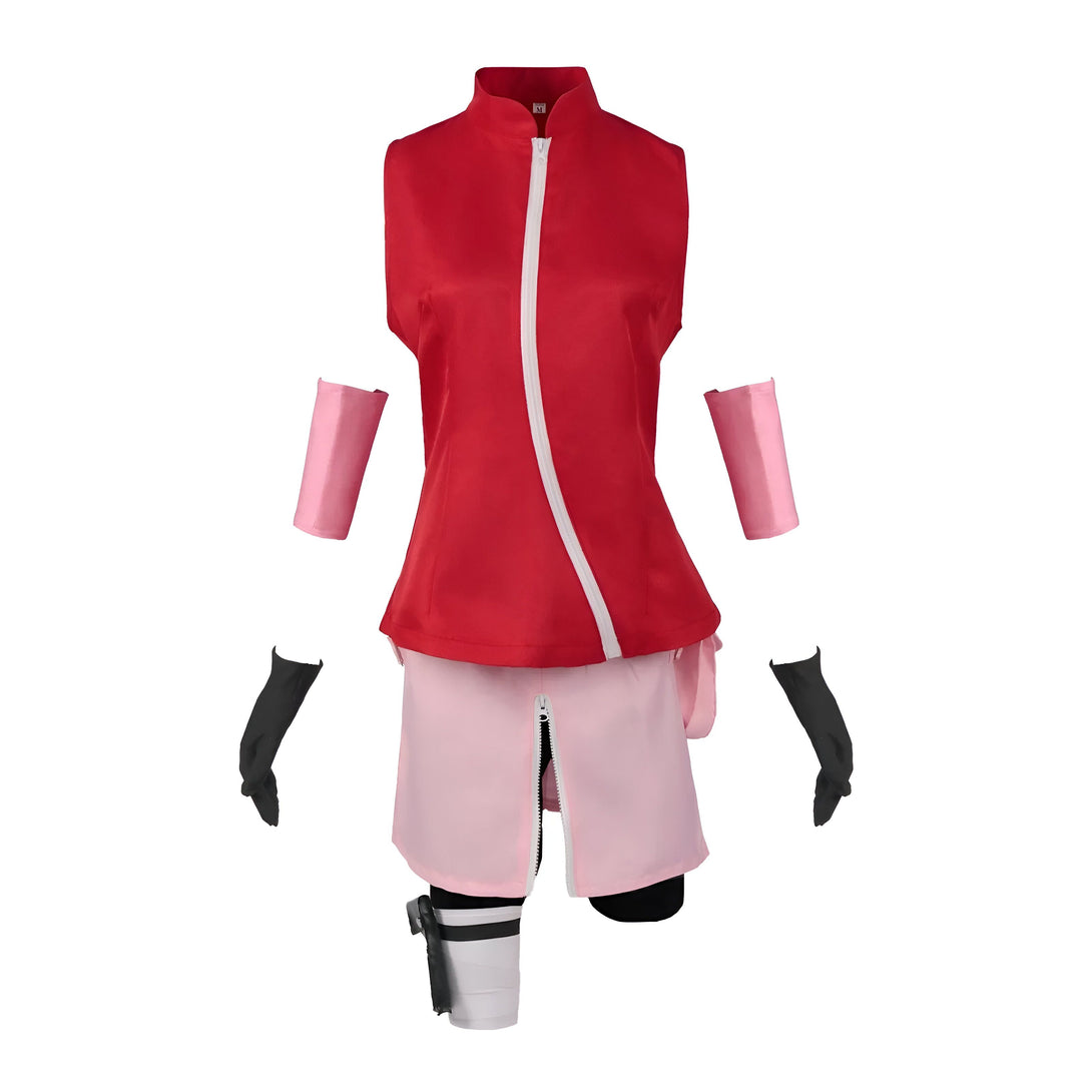 Costume Naruto pour femme, comprenant une veste rouge sans manches, une jupe rose, des gants noirs et des manchettes roses.