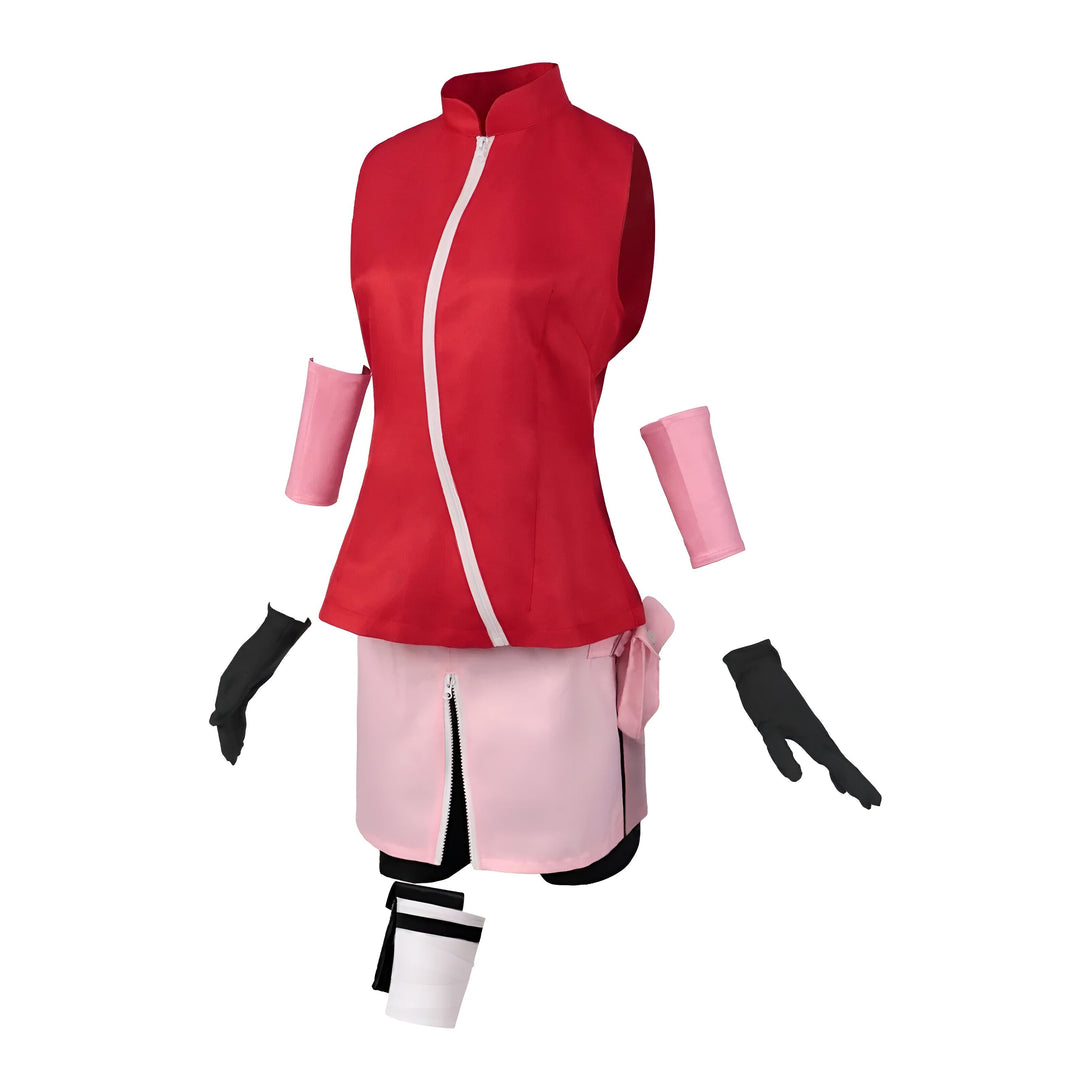 Costume de Sakura Haruno de Naruto Shippuden, comprenant une veste sans manches rouge, une jupe rose, des gants noirs et des accessoires de bras.