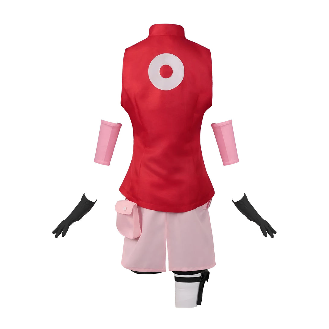 Costume de Sakura Haruno de Naruto avec veste rouge, short rose, manchettes roses et gants noirs.