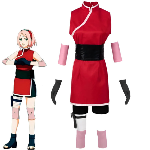Costume de Sakura Haruno de Naruto, comprenant une robe rouge, des jambières, des gants et des manchettes.