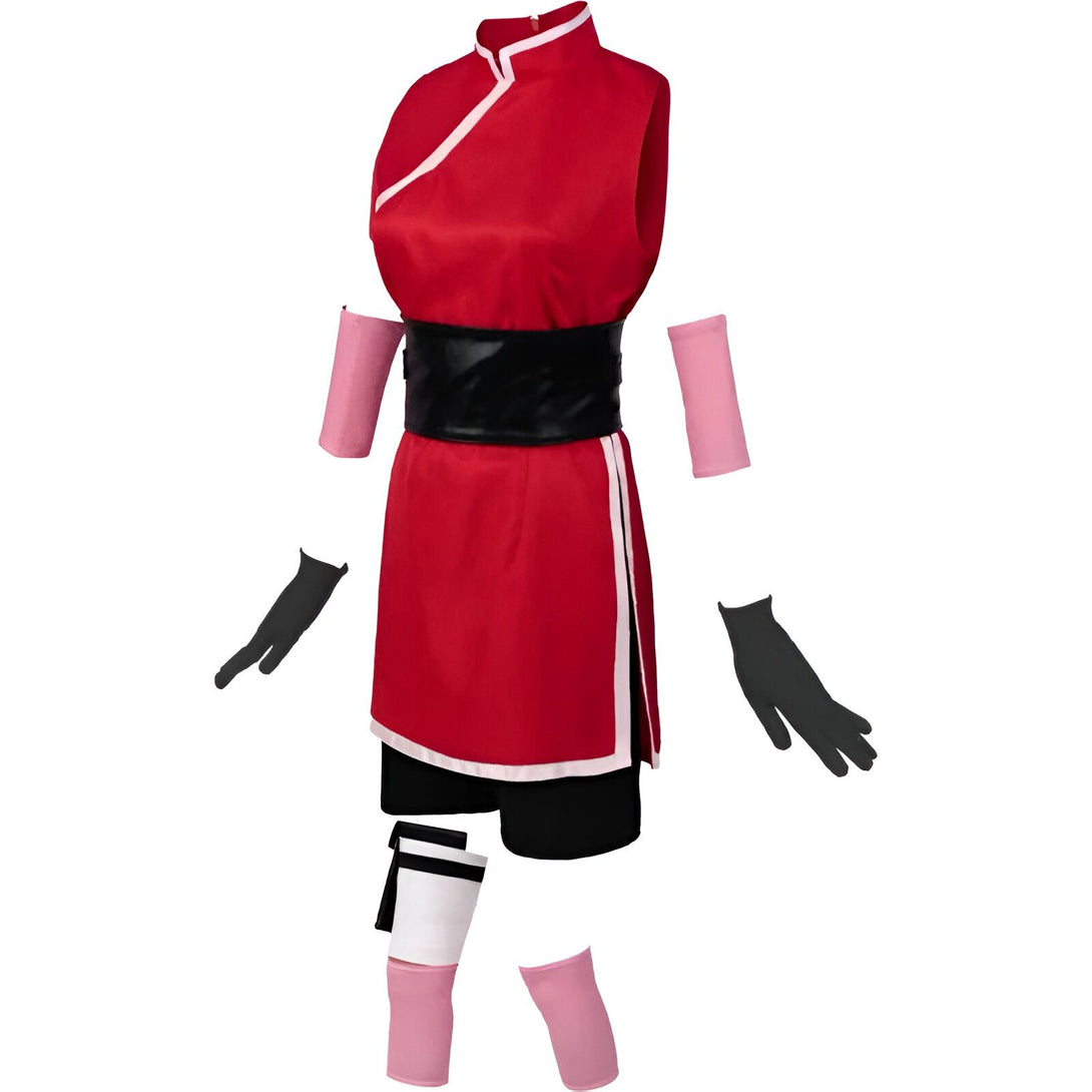 Costume de Sakura Haruno de Naruto, comprenant une robe rouge, une ceinture noire, des manchettes roses, des gants noirs et des jambières roses.