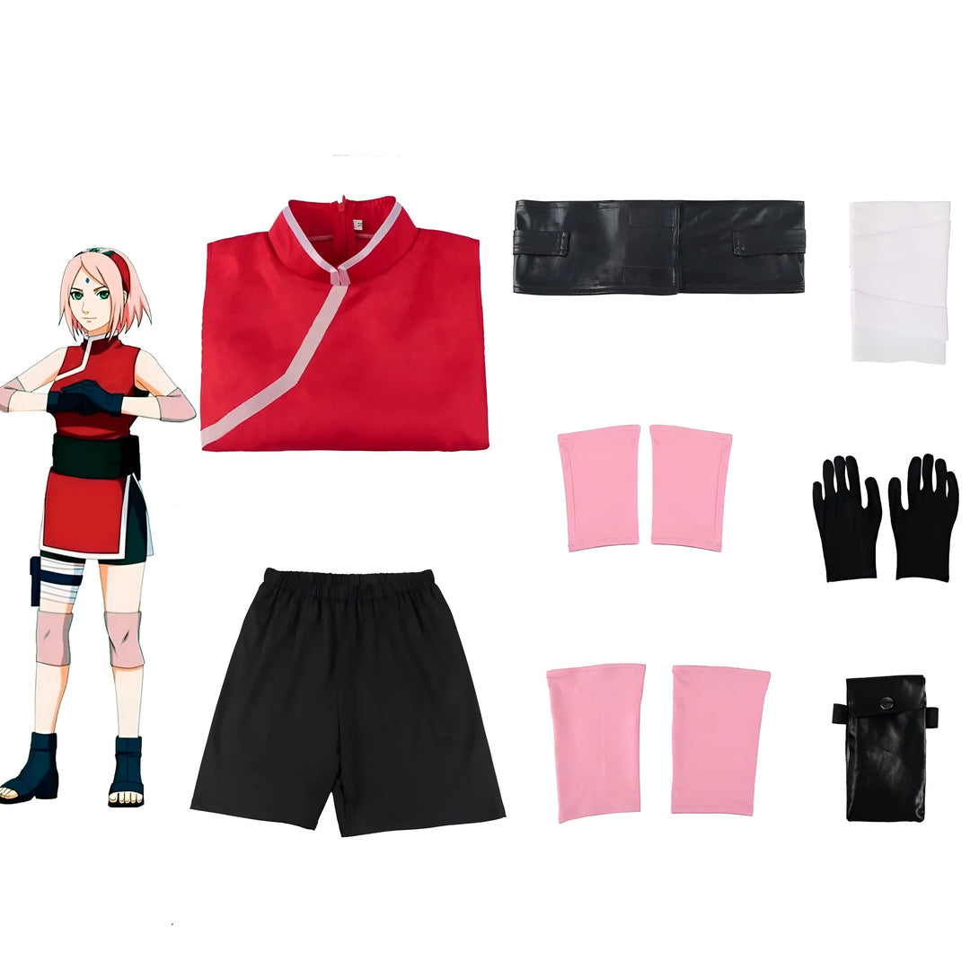 Costume de cosplay de Sakura Haruno de Naruto, comprenant un haut rouge, un short noir, une ceinture noire, des protège-bras roses, des gants noirs et une poche noire.