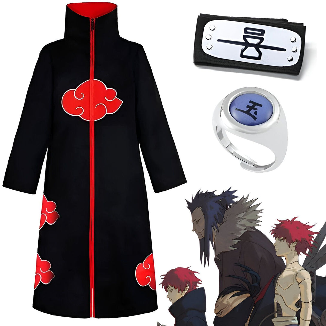 Costume Naruto Akatsuki avec cape noire, symbole nuage rouge, bandeau frontal et bague.  Personnages de l'anime Naruto Shippuden.  Accessoires de cosplay.