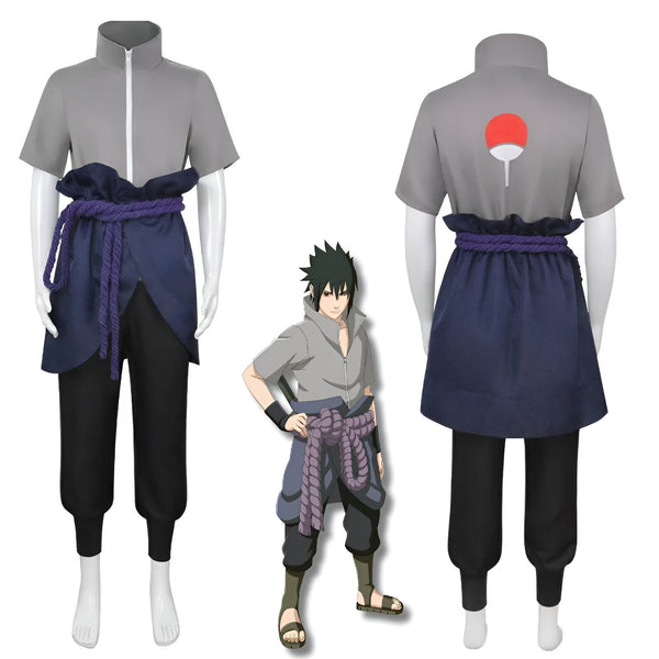 Costume de cosplay de Naruto Uzumaki, composé d'un haut gris avec le symbole du Sharingan sur le dos, d'un pantalon noir et d'une ceinture violette.