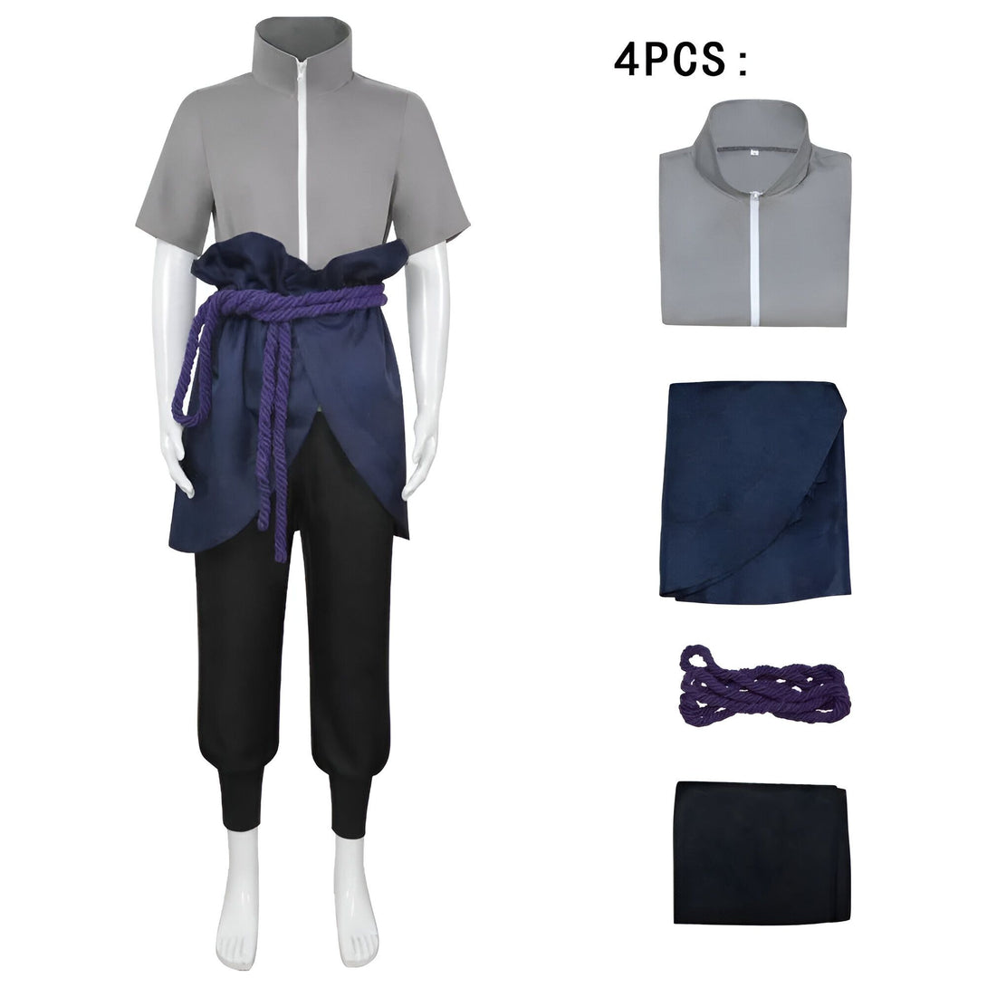 Costume Naruto Shippuden pour enfant composé de 4 pièces : une veste grise à fermeture éclair, un pantalon noir, une ceinture violette et une cape bleue.