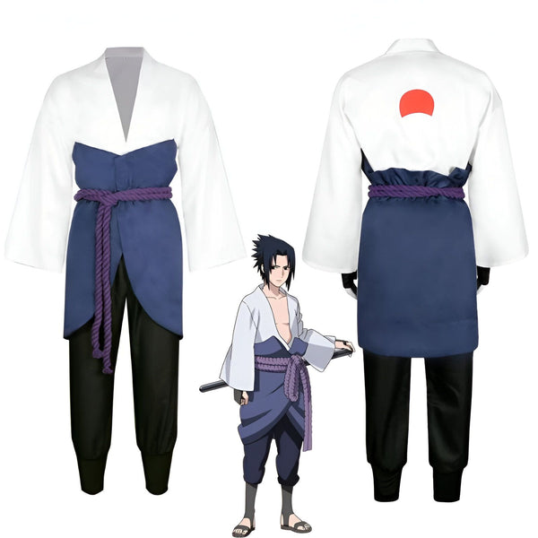 Costume Naruto Shippuden pour homme, comprenant une veste blanche à col en V, un pantalon noir, une ceinture violette et une jupe bleu foncé. Le costume est inspiré du personnage de Sasuke Uchiha. L'image montre également un dessin animé de Sasuke Uchiha.