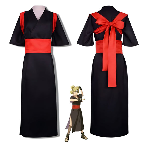 Costume Naruto noir et rouge pour femme, inspiré du personnage de Tsunade. La robe a un col en V et une ceinture rouge. Le dos de la robe a un grand nœud rouge.