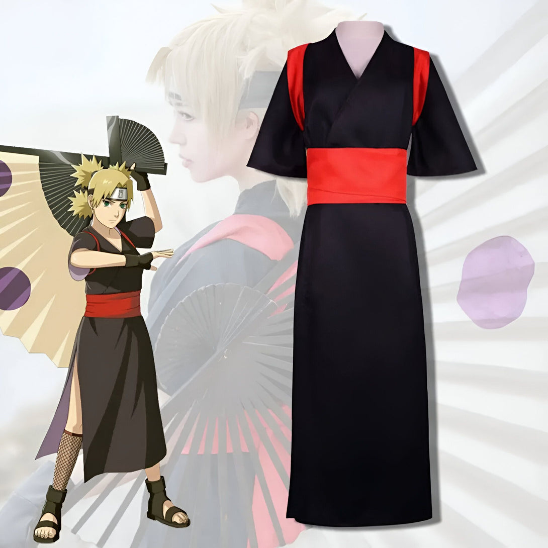 Costume de cosplay de Tsunade de Naruto, avec une robe noire à manches courtes, une ceinture rouge et un éventail.