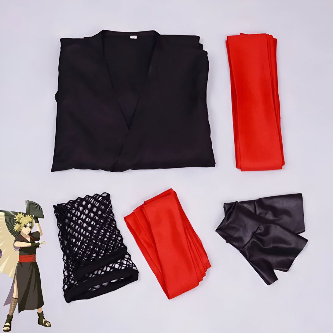 Costume Naruto Shikamaru complet avec veste noire, ceinture rouge, filet noir, gants en cuir noir et éventail.