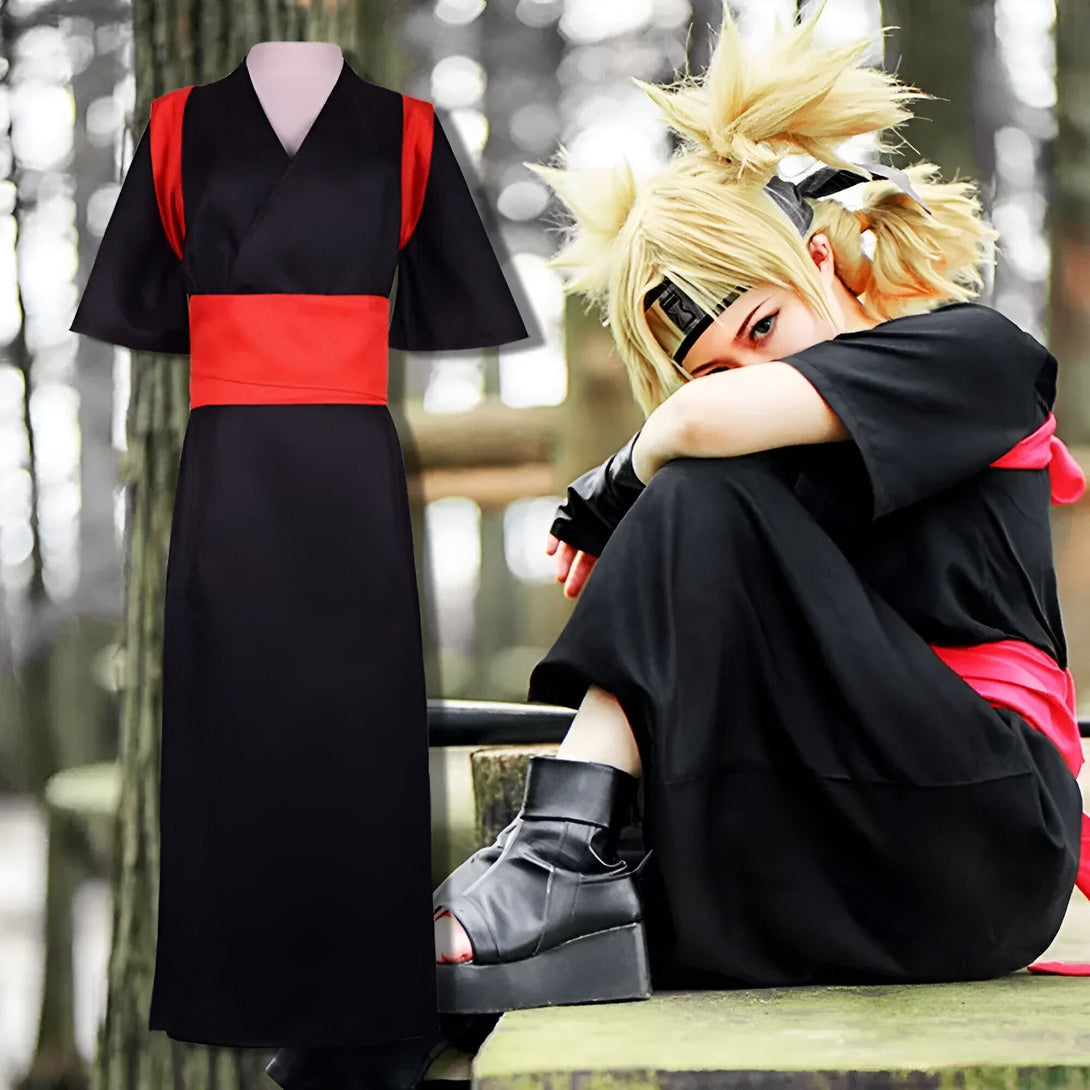 Costume Naruto Shippuden pour femme, avec une robe noire et une ceinture rouge, idéal pour les cosplays et les fans de l'anime.