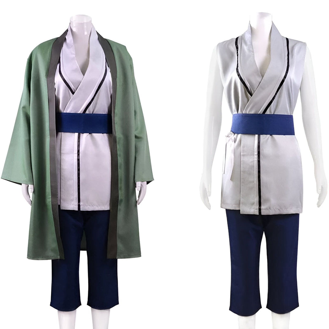 Costume Naruto pour homme et femme, comprenant une veste sans manches, un pantalon, une ceinture et un kimono vert. Parfait pour les fans de l'anime Naruto.