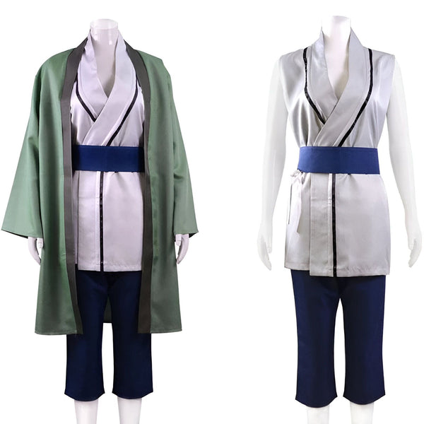 Costume Naruto pour homme et femme, comprenant une veste sans manches, un pantalon, une ceinture et un kimono vert. Parfait pour les fans de l'anime Naruto.