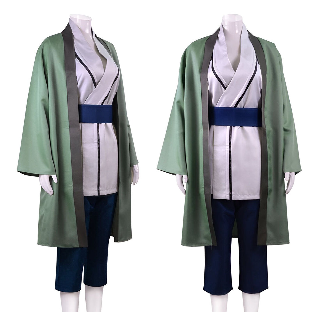 Costume Naruto Shippuden pour homme et femme, avec un manteau vert, une chemise blanche, un pantalon bleu et une ceinture bleue.