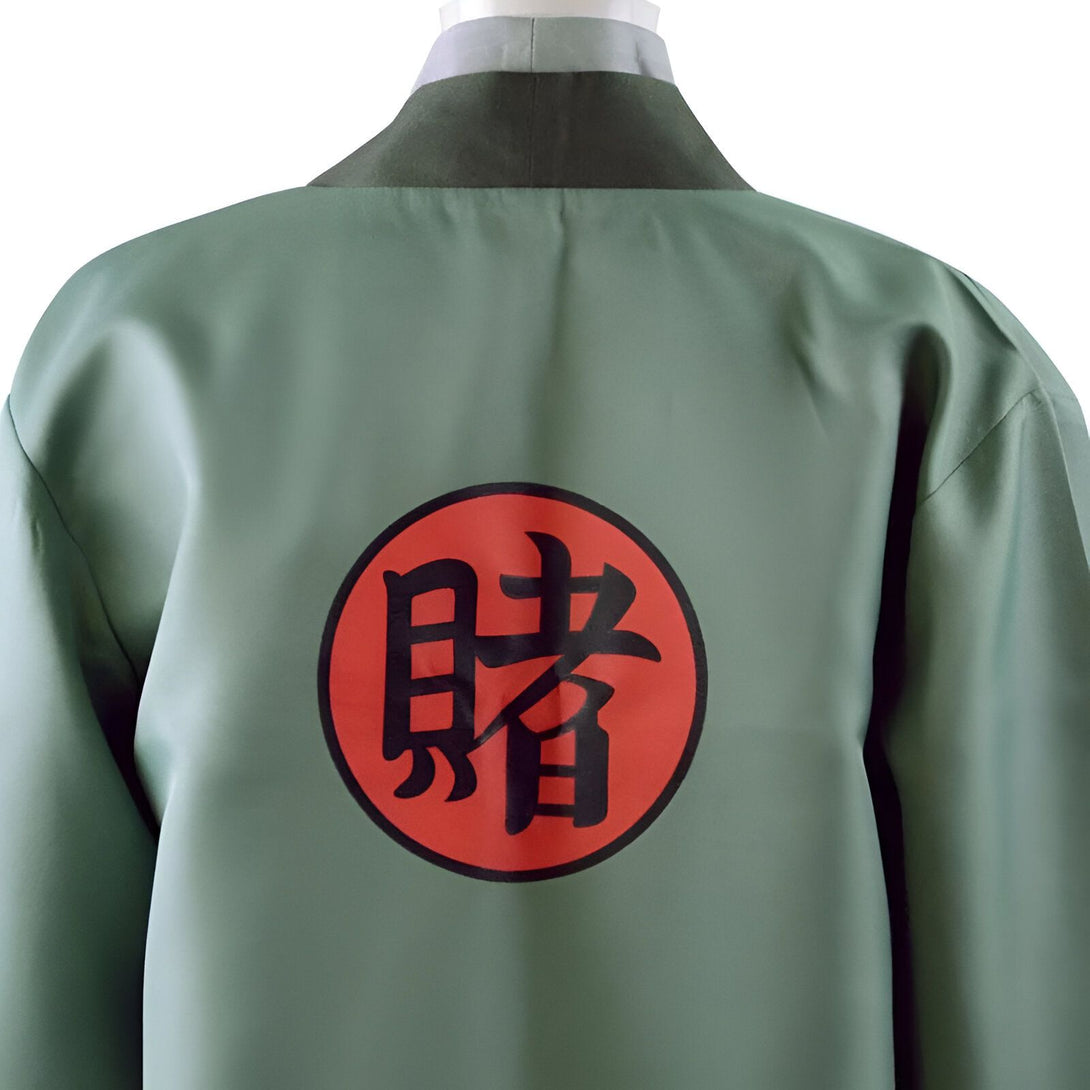 Veste verte avec le symbole "Kakashi" en rouge sur le dos.  Vêtement de cosplay Naruto.