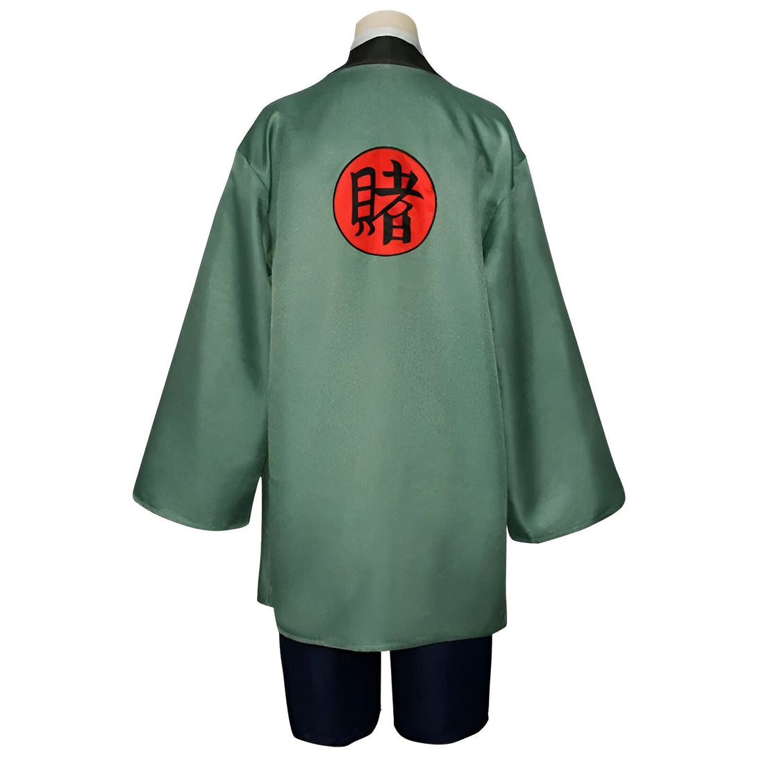 Costume Naruto vert avec le kanji "Kakashi" en rouge sur le dos.