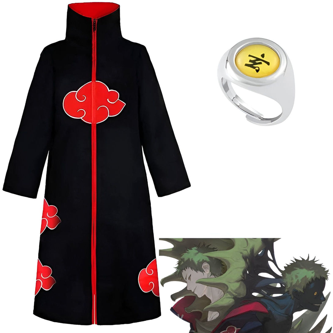 Cape noire avec doublure rouge et emblème rouge Akatsuki, bague avec le symbole Akatsuki et personnage de Naruto.
