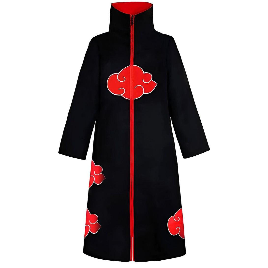 Capuche noire avec une fermeture éclair rouge et des nuages rouges brodés sur le devant.