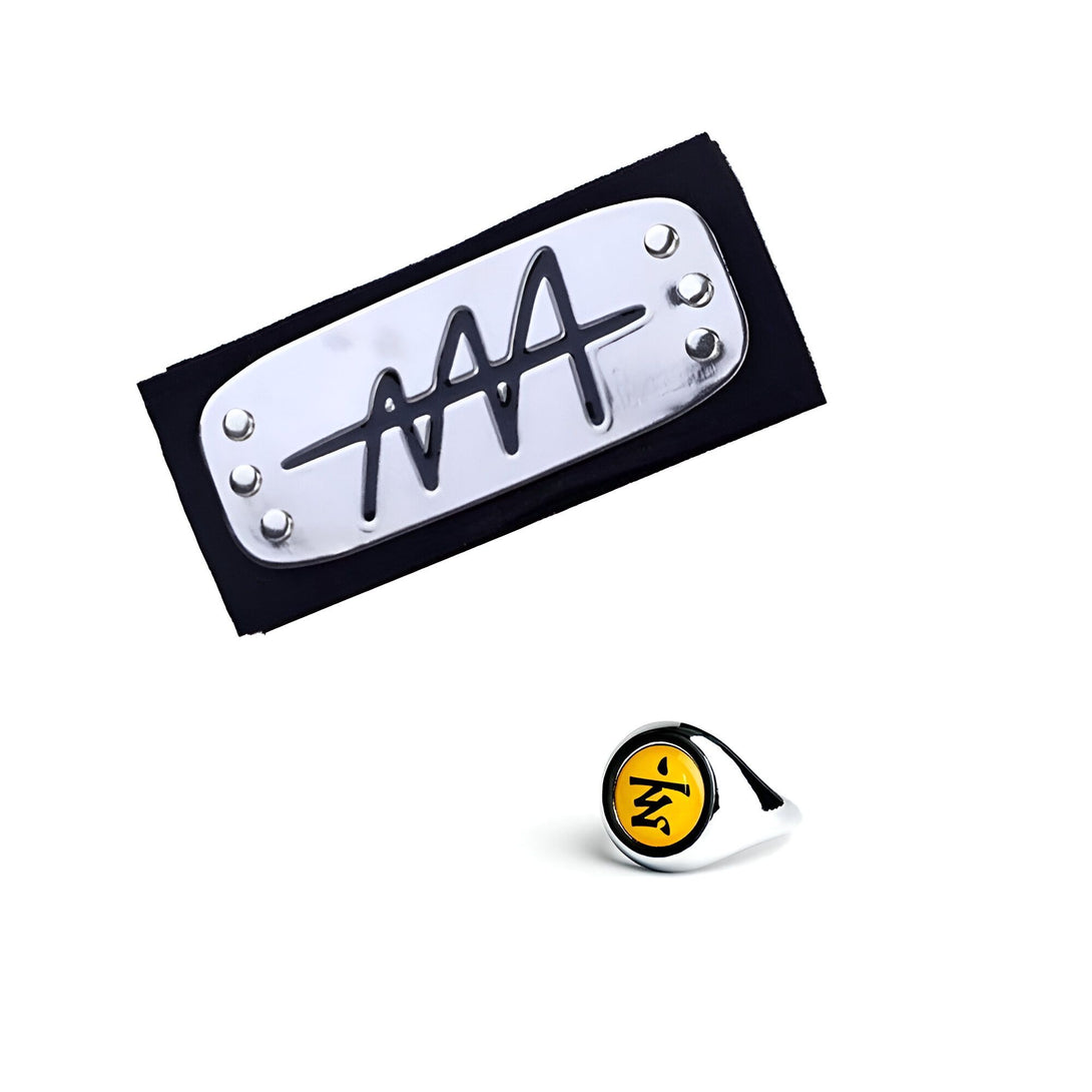Bandeau frontal Naruto avec le symbole du village de Konoha et une bague avec le symbole du clan Uzumaki.
