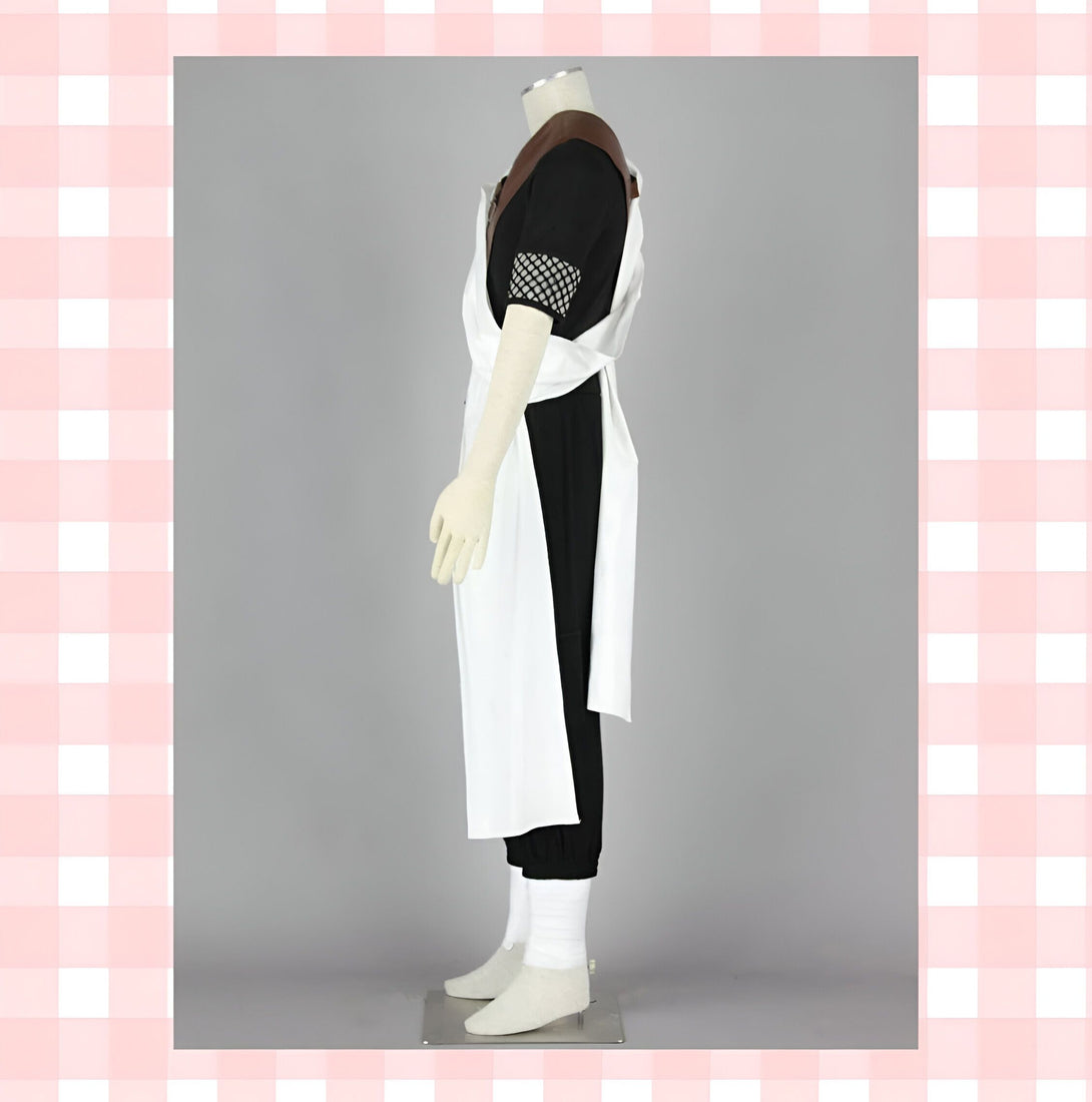 Costume Naruto Shippuden,  uniforme de Kakashi Hatake, avec un pantalon noir, une veste noire avec des détails blancs et une ceinture marron.
