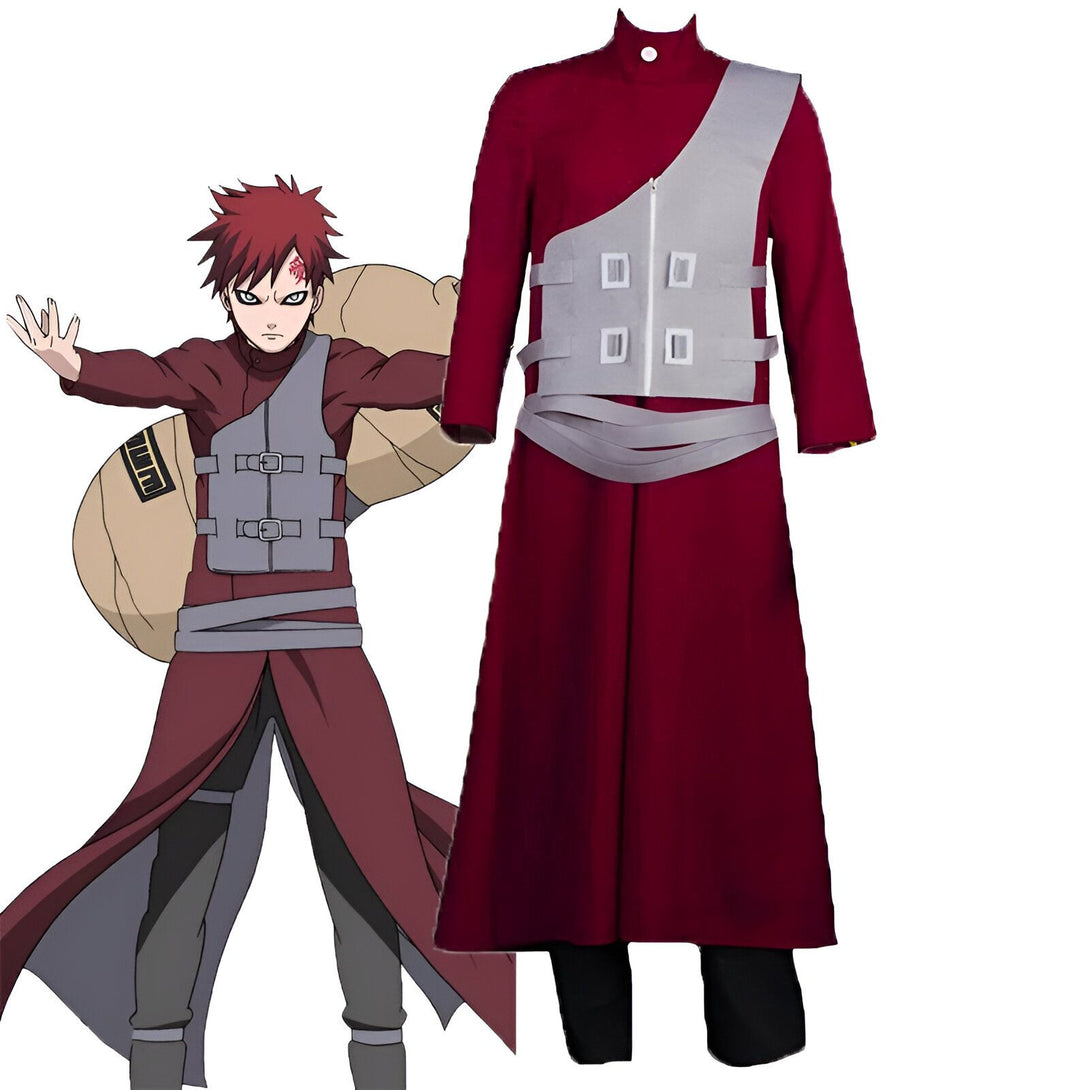 Costume de cosplay de Gaara de Naruto, comprenant une veste rouge et grise et un pantalon noir.