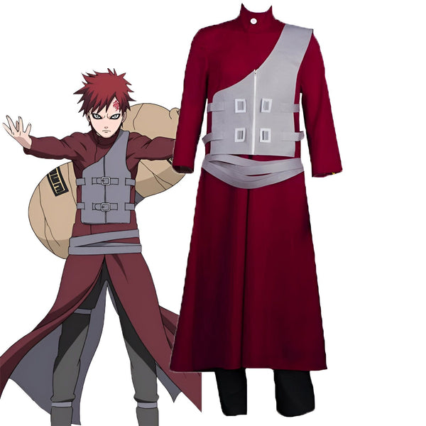 Costume de cosplay de Gaara de Naruto, comprenant une veste rouge et grise et un pantalon noir.