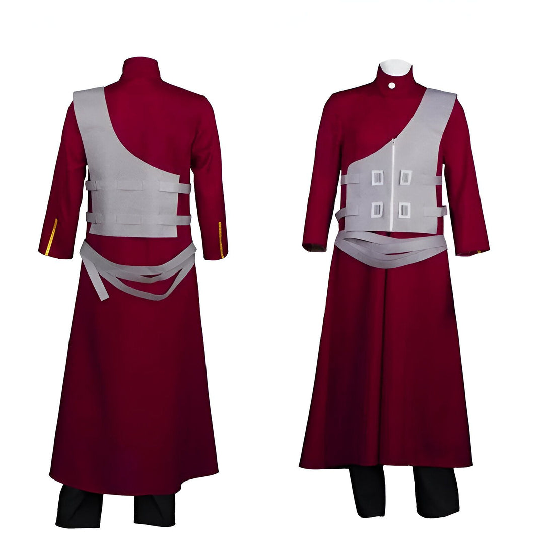 Costume de cosplay de Kakashi Hatake de Naruto Shippuden, montrant l'avant et l'arrière du costume rouge avec un gilet gris et une ceinture.