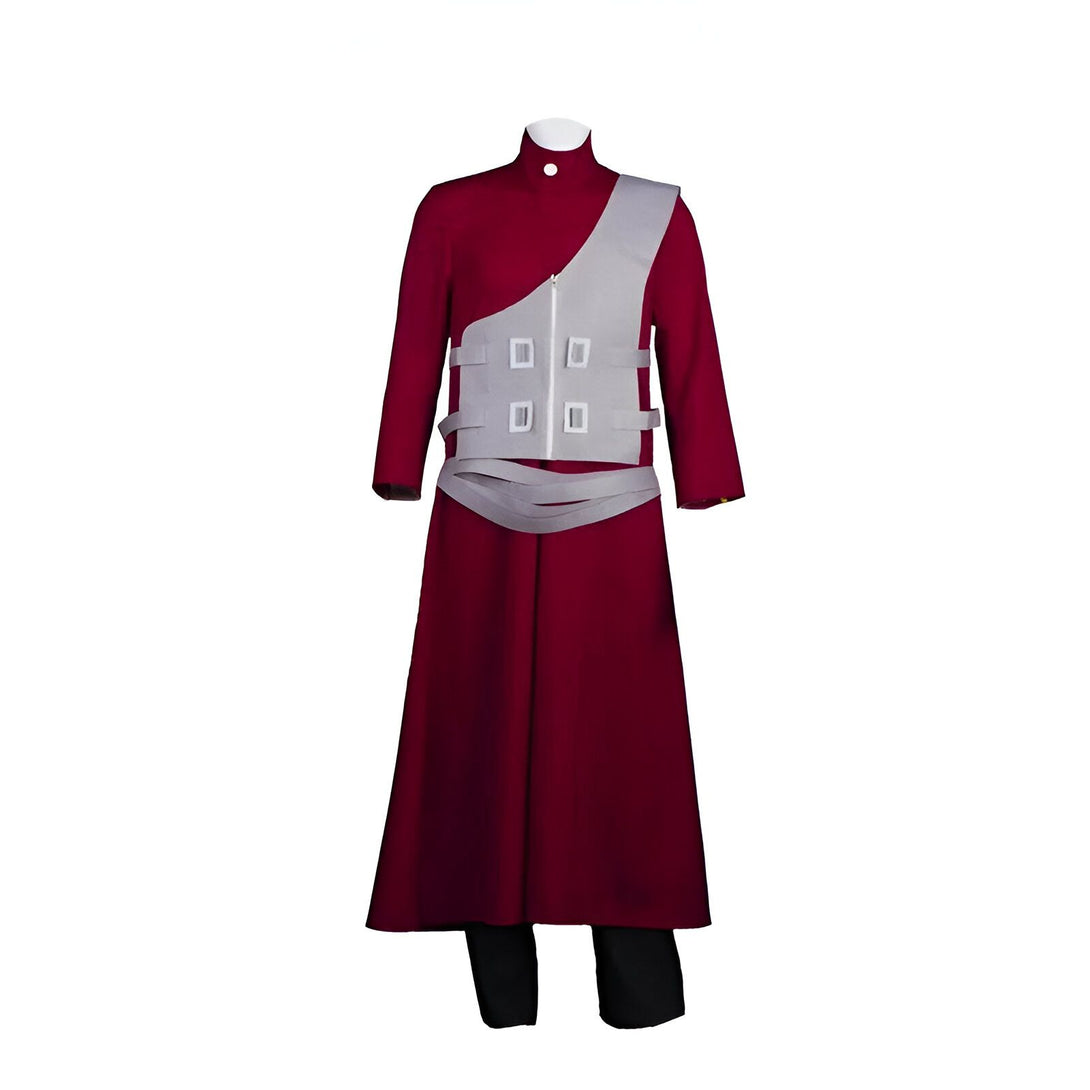 Costume de personnage de Naruto, avec une robe rouge, un gilet gris et un pantalon noir.  Ce costume est parfait pour les fans de l'anime et du manga.