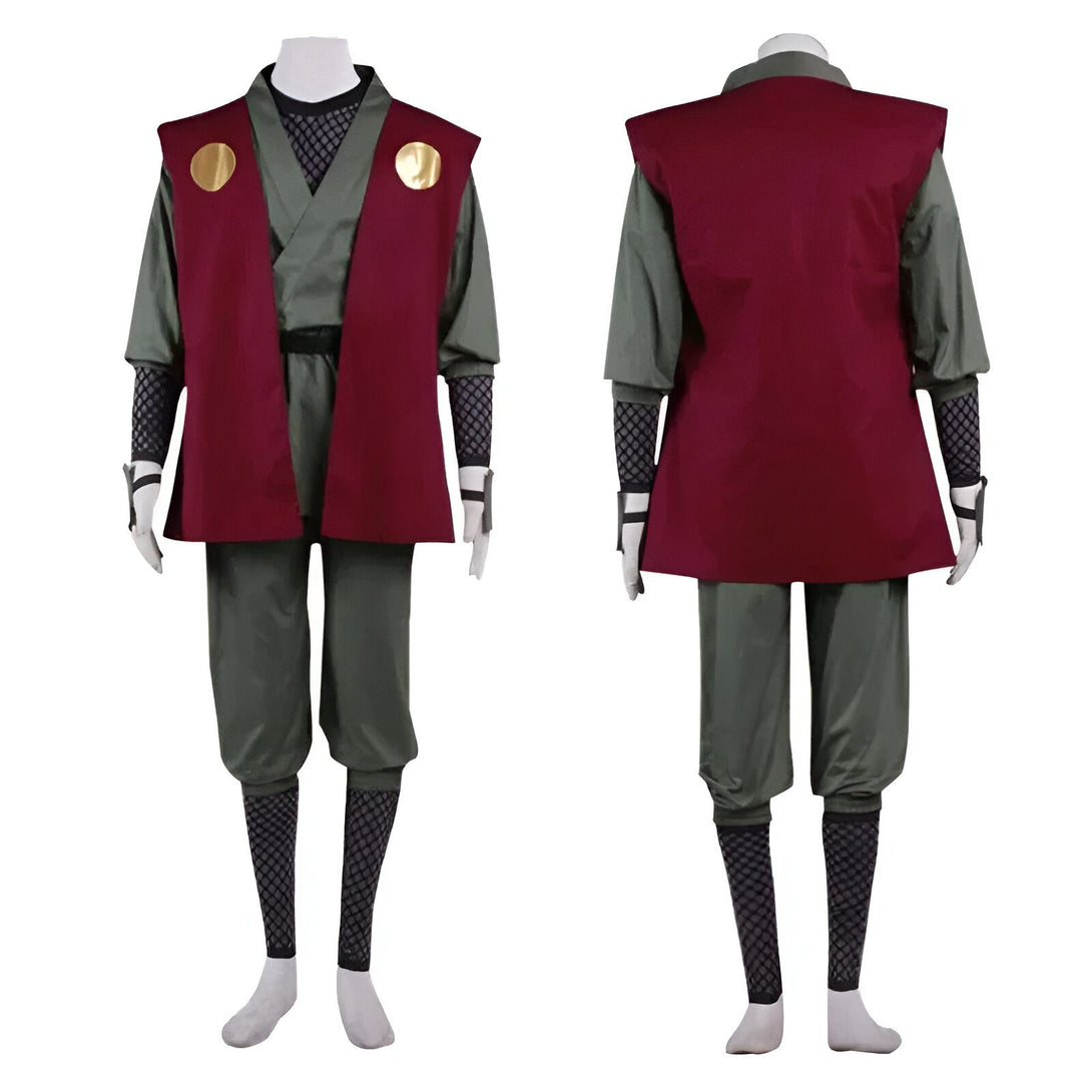 Costume Naruto Shikamaru, comprenant un pantalon vert, une veste rouge et des accessoires noirs. Vues avant et arrière du costume.