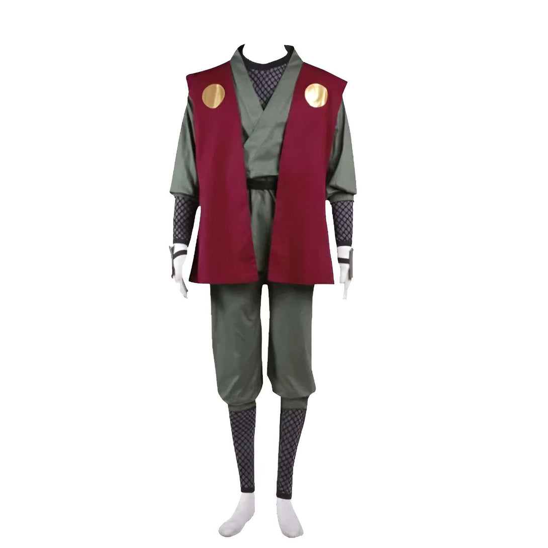 Costume de Naruto Shippuden pour homme, comprenant une veste rouge, un pantalon vert et des accessoires.
