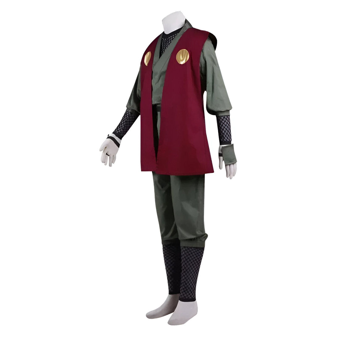 Costume Naruto Shikamaru, un personnage de l'anime Naruto, avec une veste rouge, un pantalon vert et des accessoires noirs.