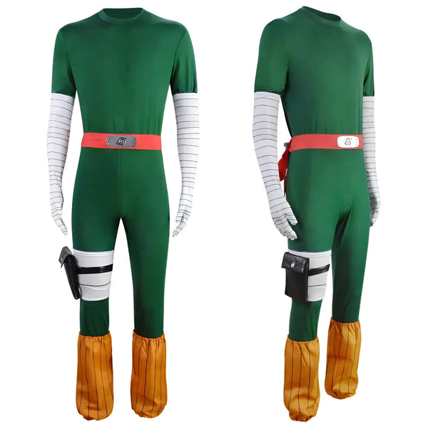 Costume Naruto Shikamaru vert avec ceinture rouge et symbole du village caché de la feuille.