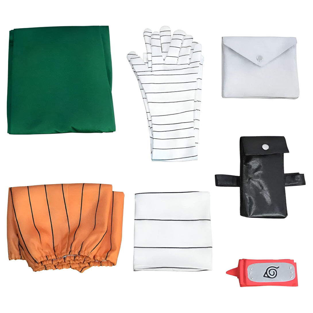 Costume Naruto complet avec bandeau, gants, pantalon, ceinture et accessoires.