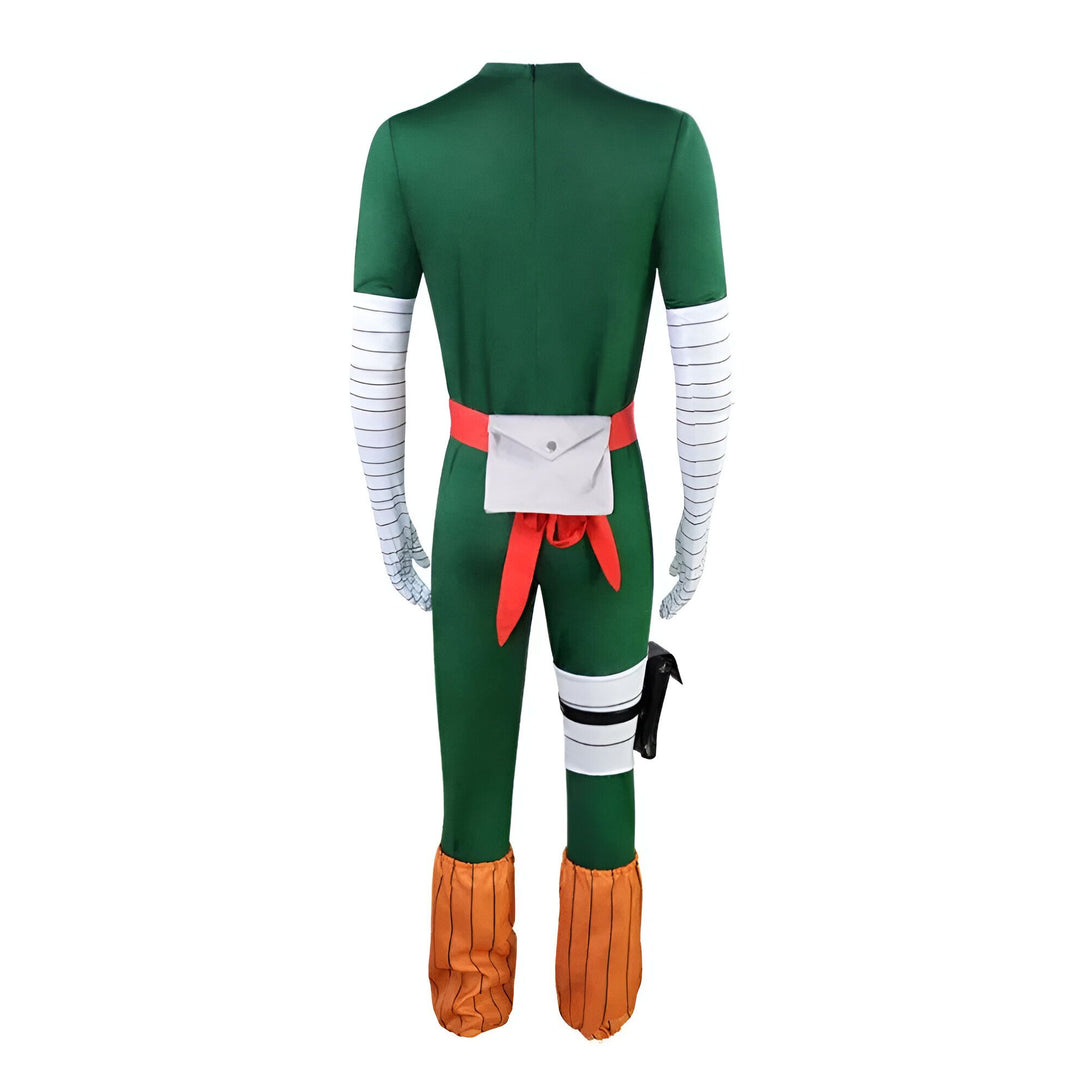 Costume Naruto de Might Guy vert et orange, vue arrière. Parfait pour les fans de l'anime et des cosplay.
