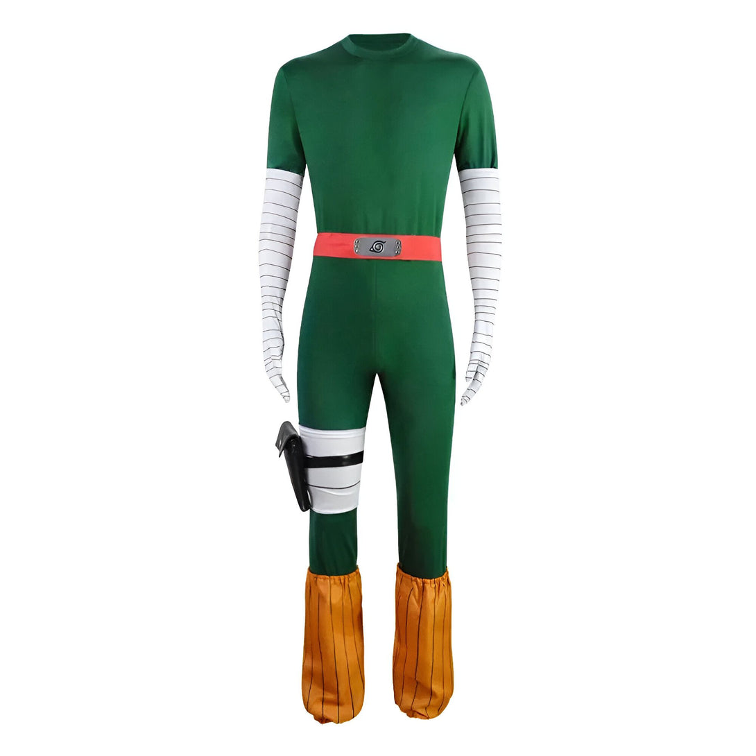 Costume Naruto Shikamaru, inspiré de l'anime, avec un haut vert, un pantalon vert, une ceinture rouge et des accessoires blancs. Parfait pour les fans de Naruto !