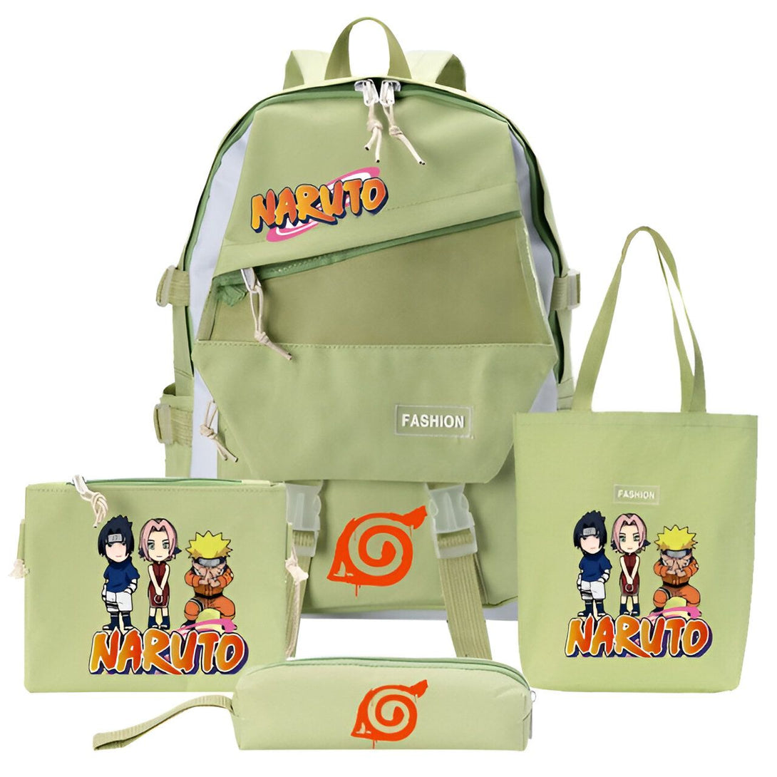 Ensemble de sac à dos, sac fourre-tout et trousse à crayons Naruto de couleur verte. Le sac à dos comporte le logo Naruto sur le devant. Le sac fourre-tout présente les personnages de Naruto, Sasuke et Sakura. La trousse à crayons comporte le logo Naruto.
