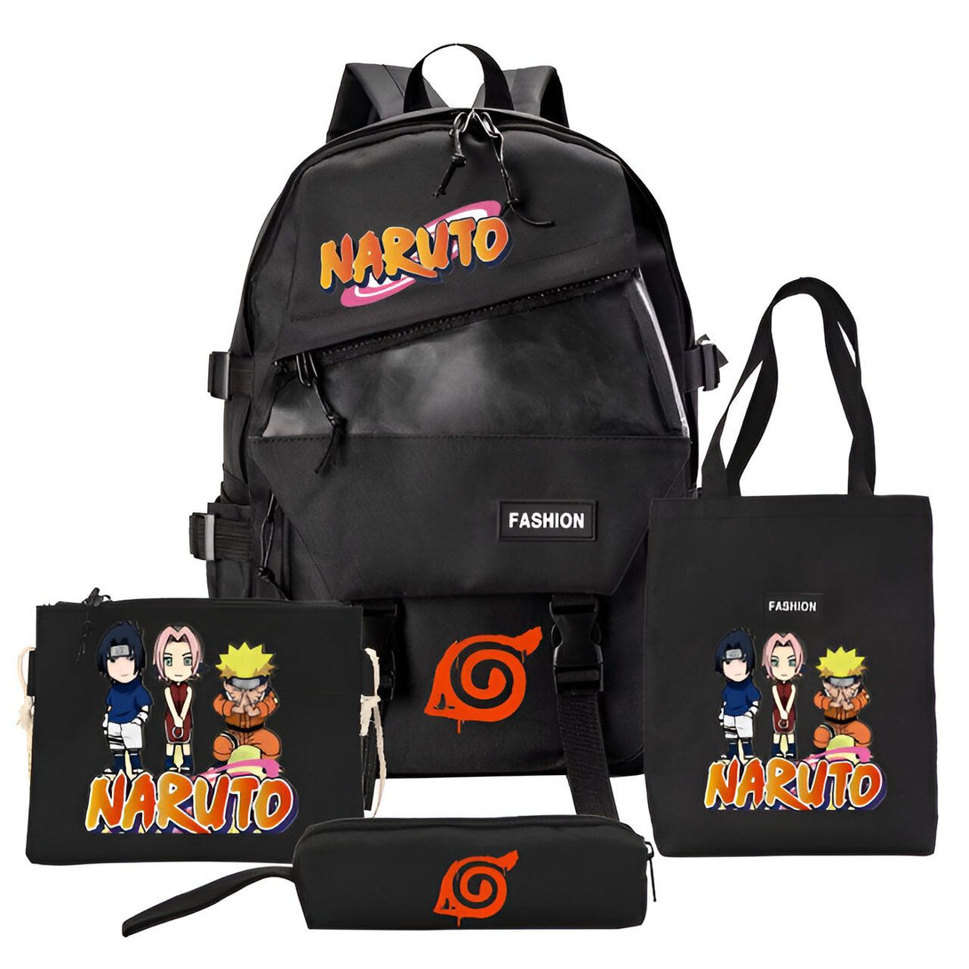 Ensemble de sacs à dos et d'accessoires Naruto, comprenant un grand sac à dos noir avec le logo Naruto, une petite sacoche avec les personnages Naruto, Sasuke et Sakura, un sac à main avec le logo Naruto et une trousse à crayons avec le logo Naruto.
