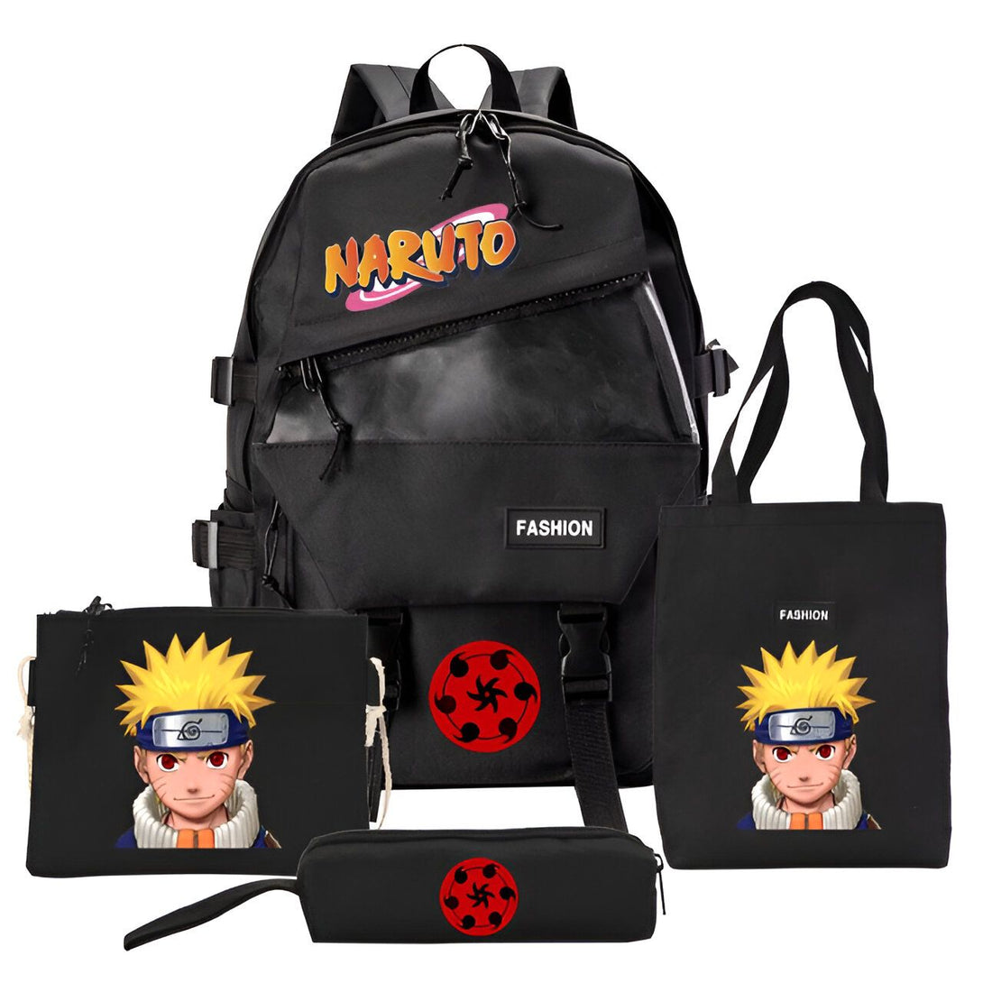 Ensemble de produits Naruto comprenant un sac à dos noir avec le logo Naruto, un tote bag noir avec le logo de Naruto, une trousse noire avec le logo de Naruto et une petite pochette noire avec l'image de Naruto.